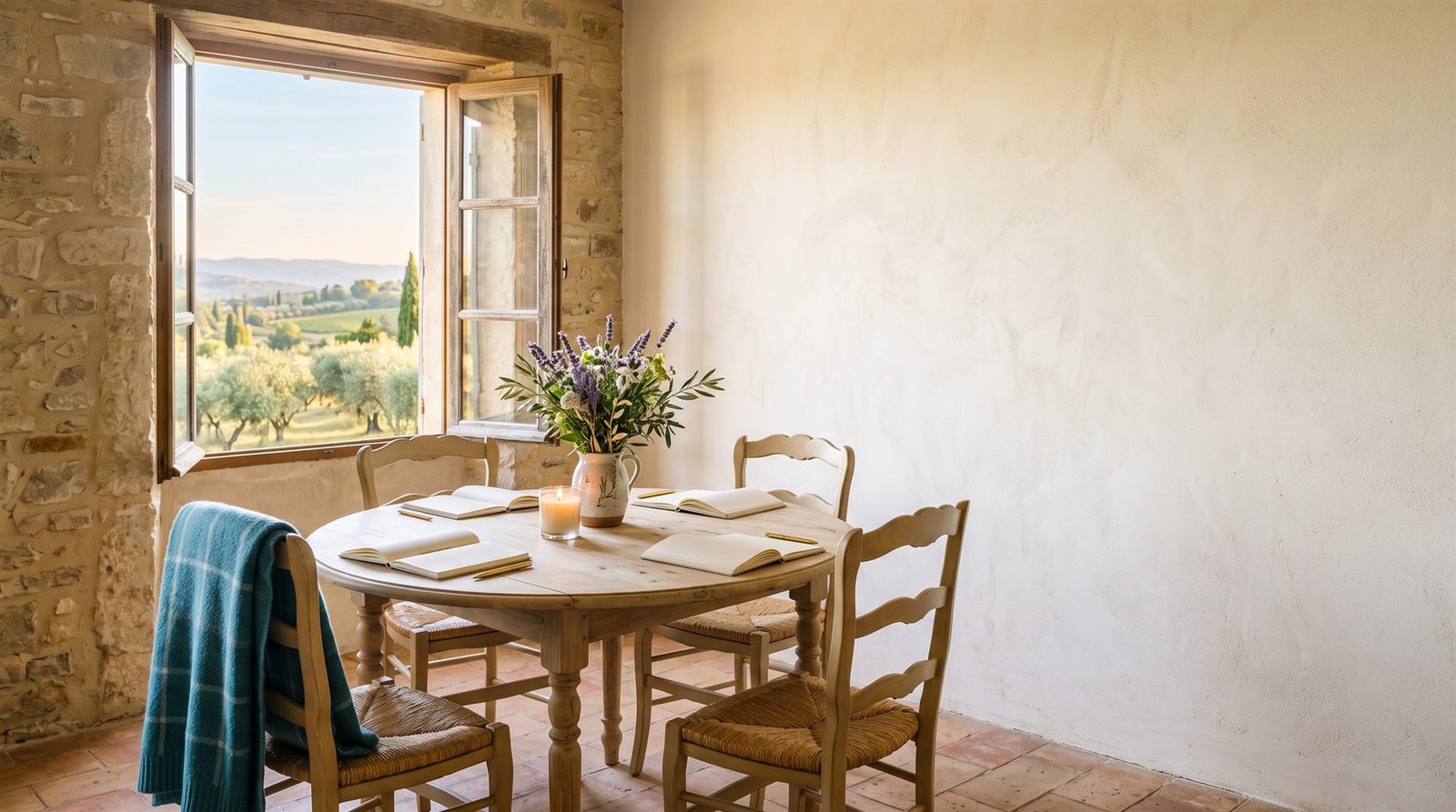 Une table ronde dressée pour quatre, avec carnets et bougie, près d'une fenêtre ouverte sur la campagne provençale