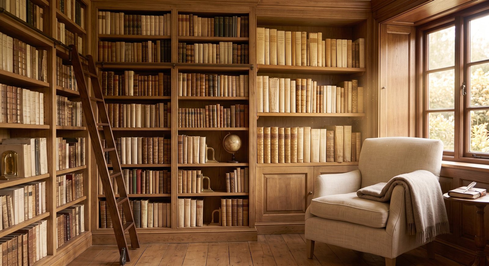 Une bibliothèque boisée remplie de livres anciens, avec son échelle et un fauteuil près de la fenêtre