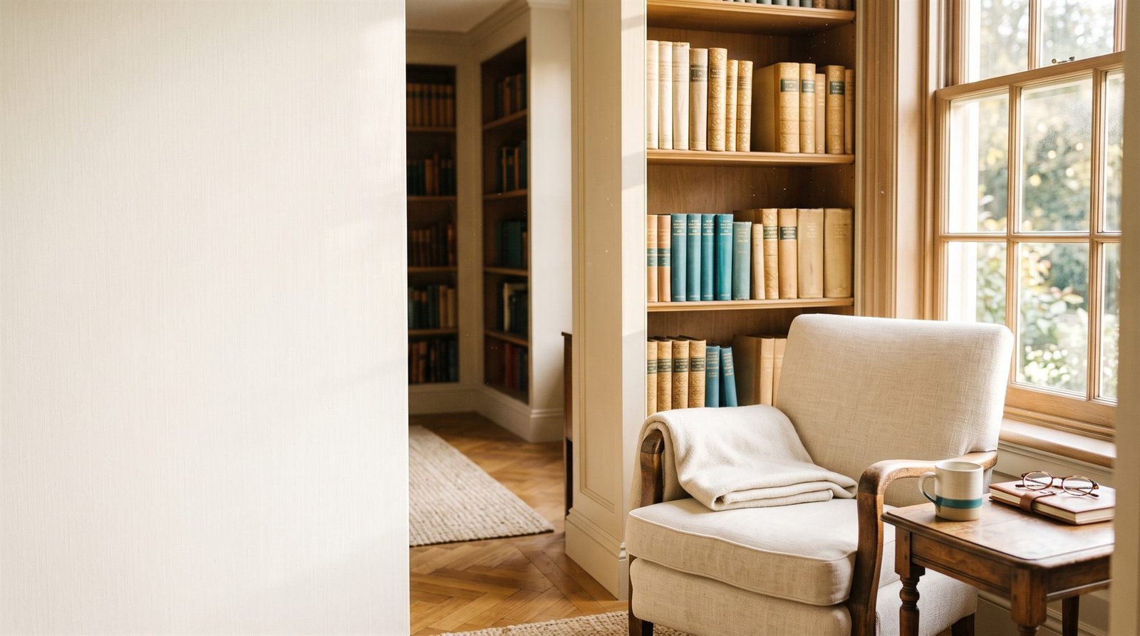 Un fauteuil clair près d'une fenêtre, devant une bibliothèque de livres anciens, dans la lumière du matin
