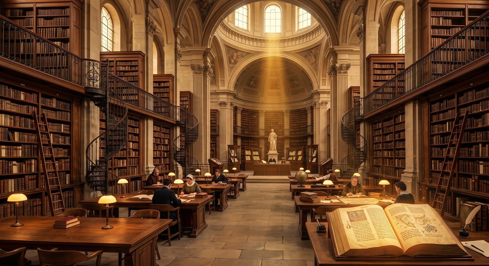 Une immense bibliothèque ancienne sous une coupole baignée de lumière dorée