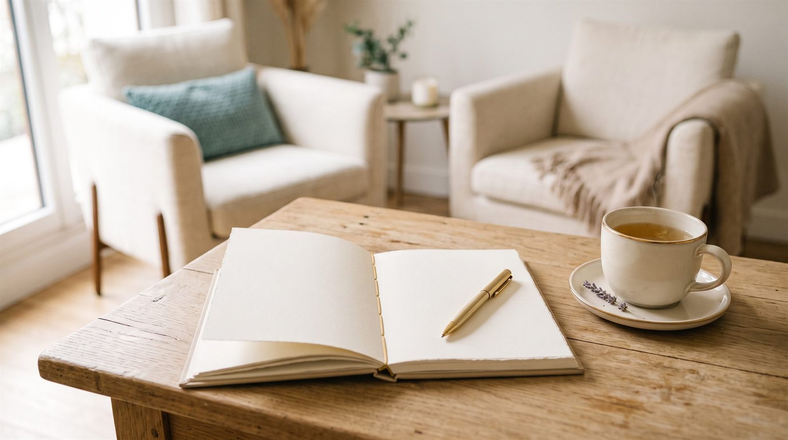 Un carnet ouvert et un stylo doré à côté d'une tasse de thé, sur une table en bois