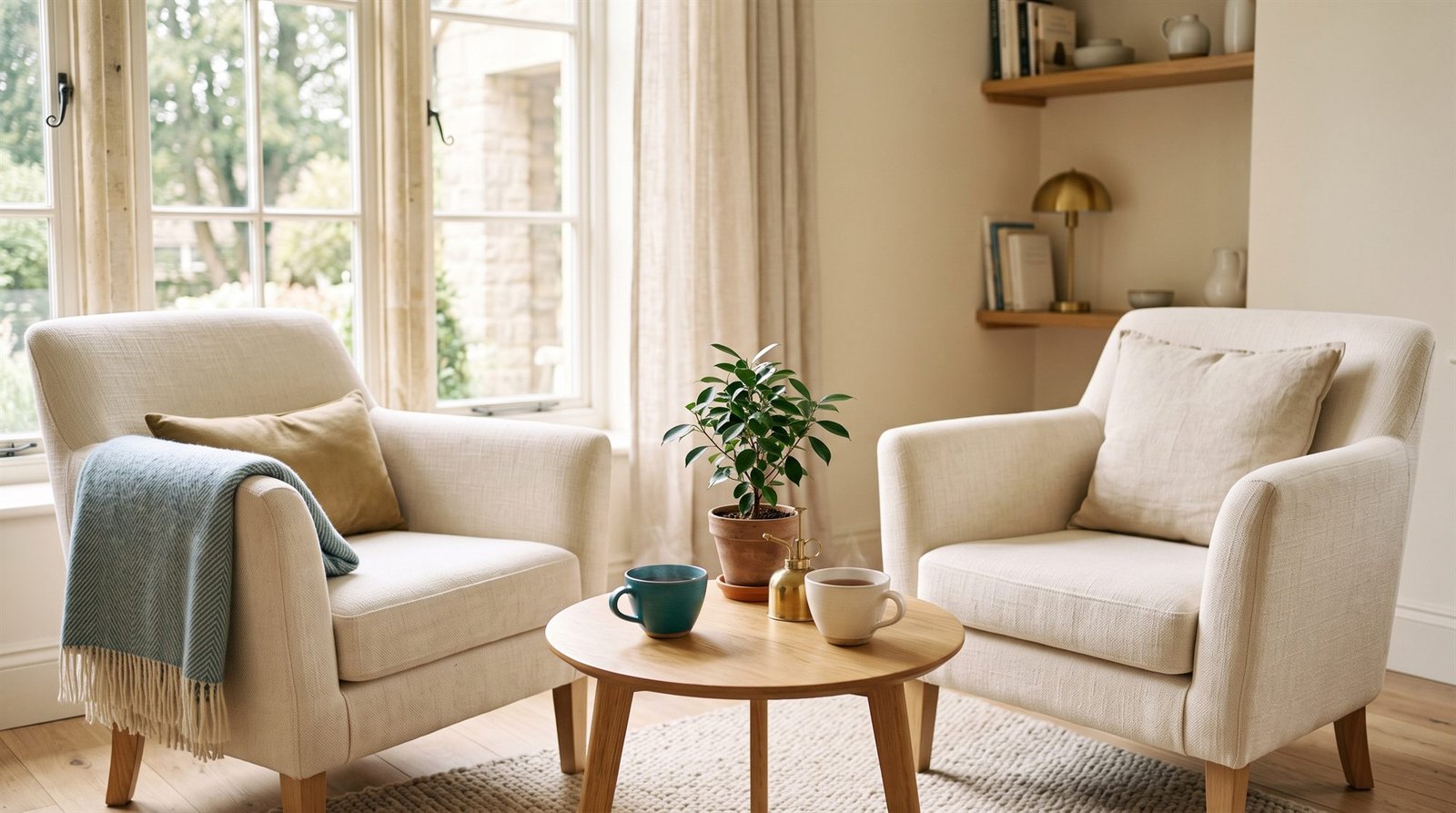 Deux fauteuils face à face autour d'une table basse avec deux tasses de thé