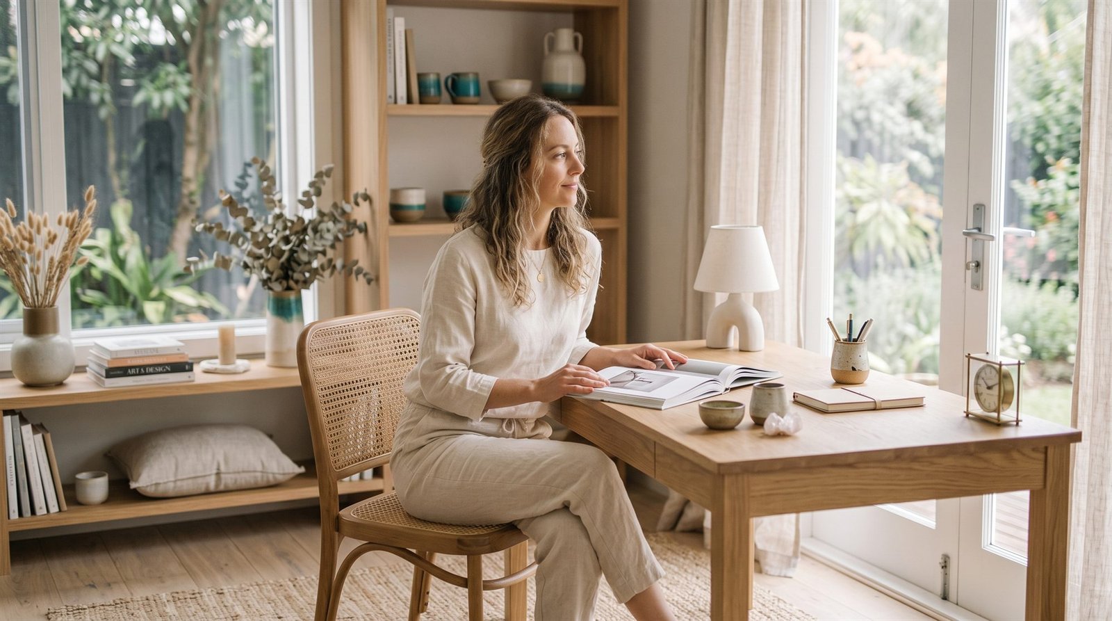 Une femme assise à son bureau devant une baie vitrée, un livre ouvert sous la main, le regard tourné vers le jardin