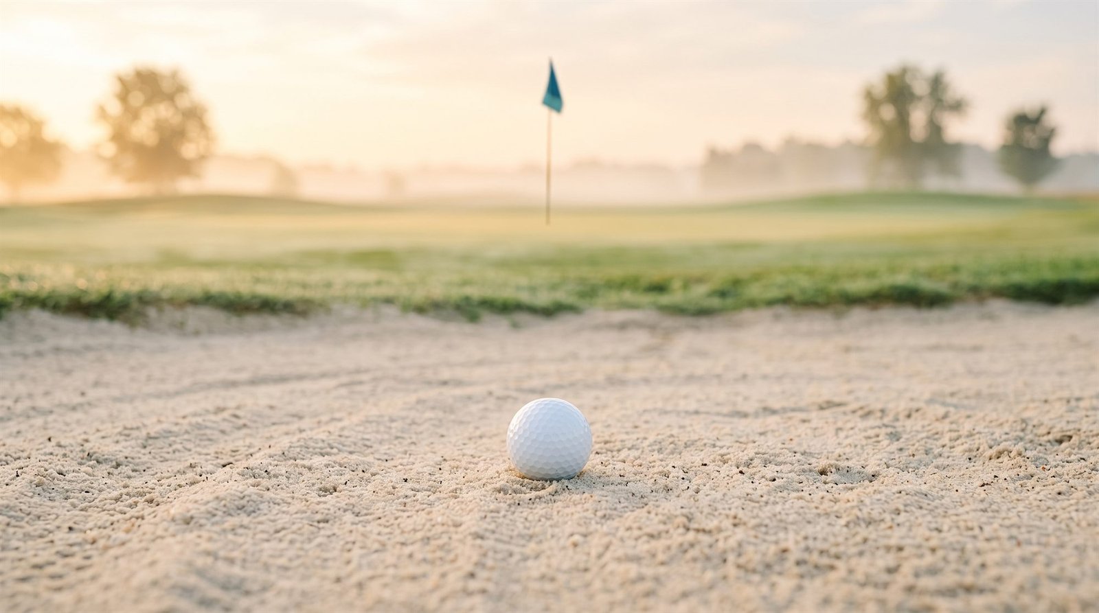 Une balle de golf dans un bunker, avec le drapeau du green au loin dans la brume du matin