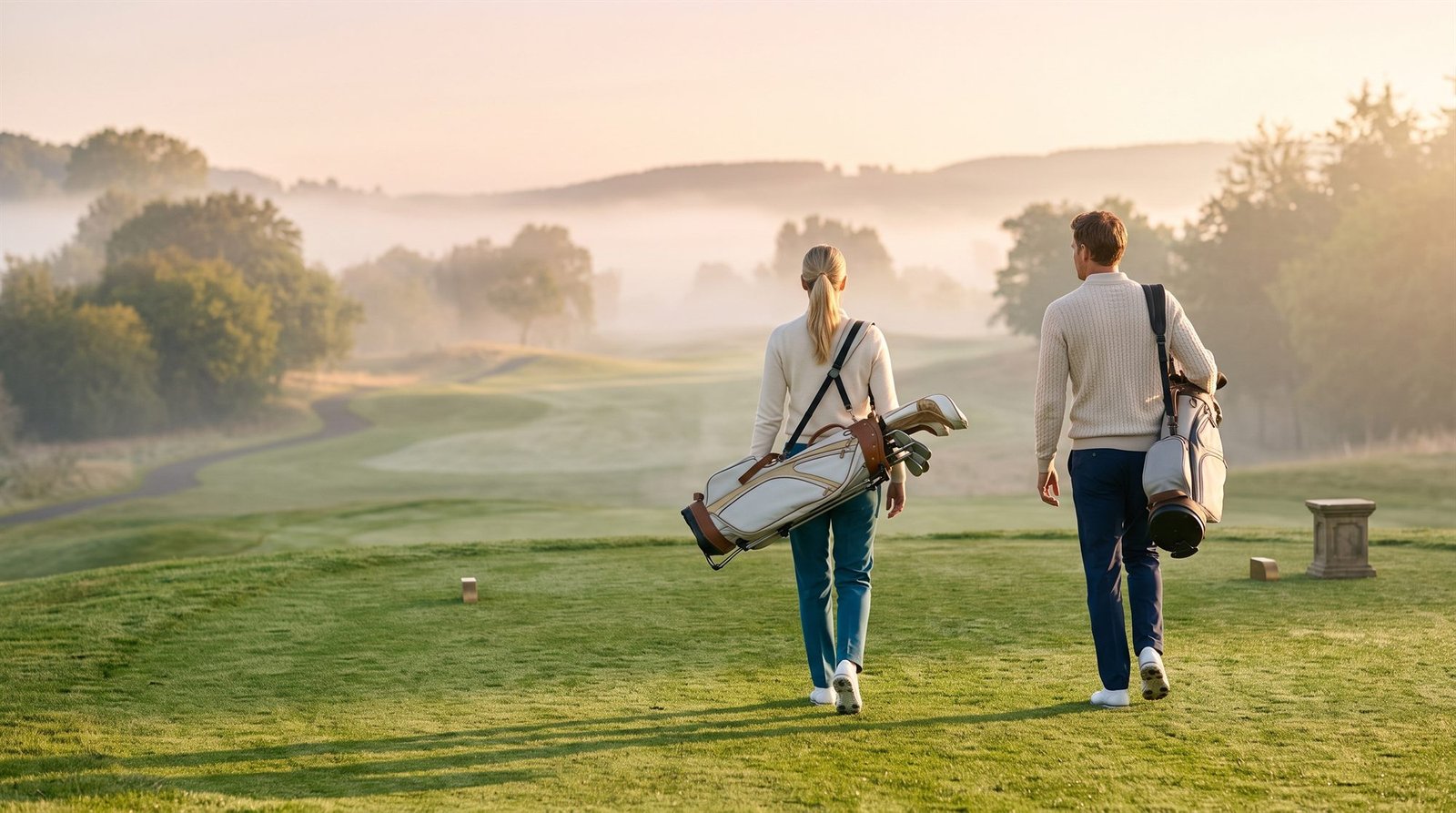 Deux golfeurs de dos, sac sur l'épaule, marchant vers le fairway dans la brume du matin