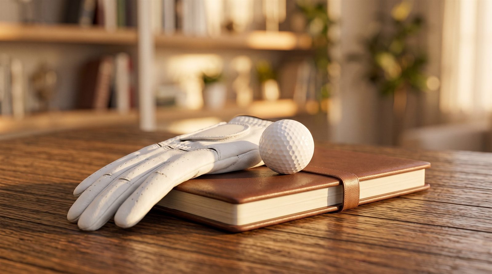 Un gant de golf et une balle posés sur un carnet en cuir