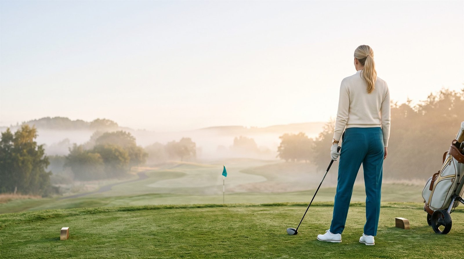 Une golfeuse de dos sur le tee de départ, au lever du soleil, face au parcours dans la brume