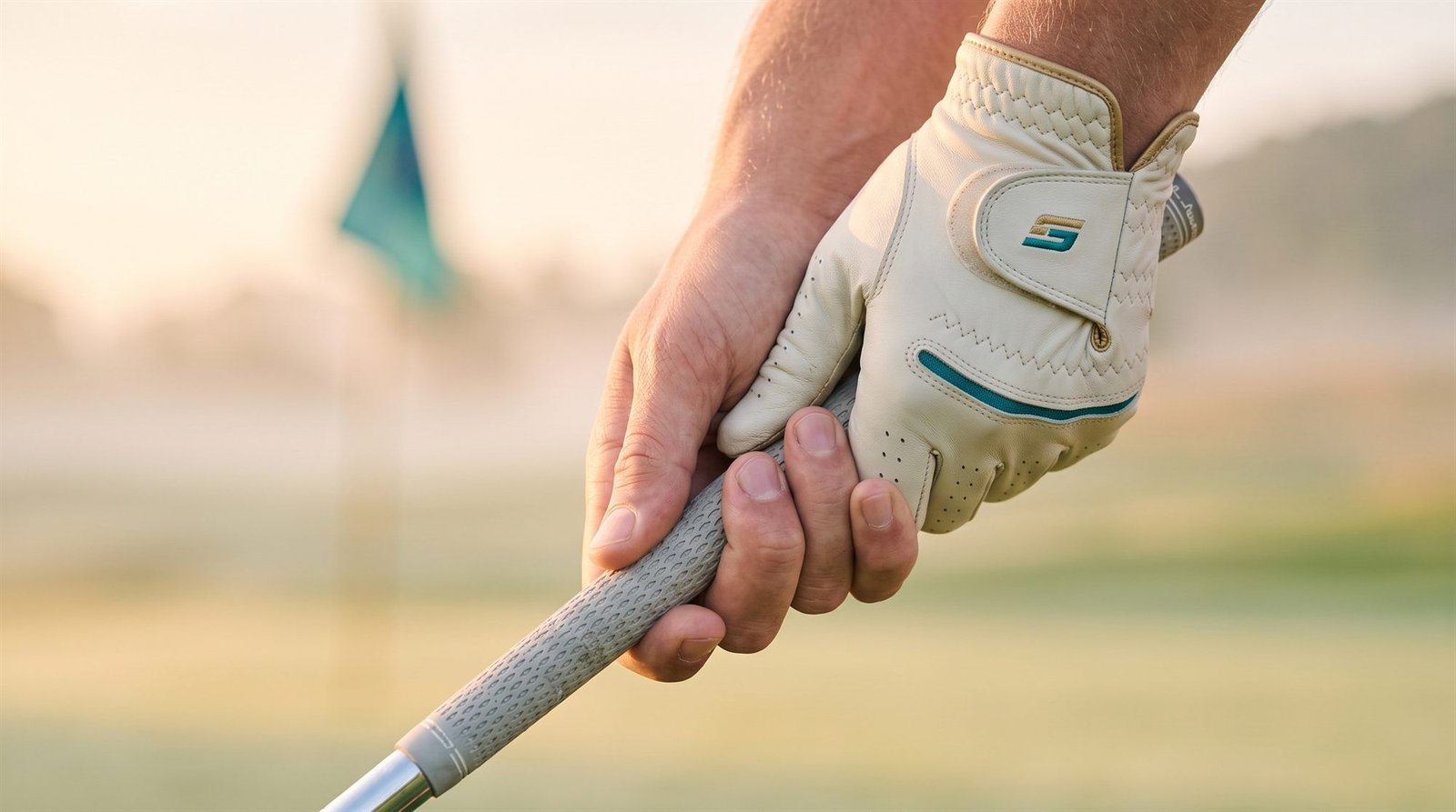 Gros plan sur les mains d'un golfeur, gant clair, qui serrent le grip de son club avant de frapper