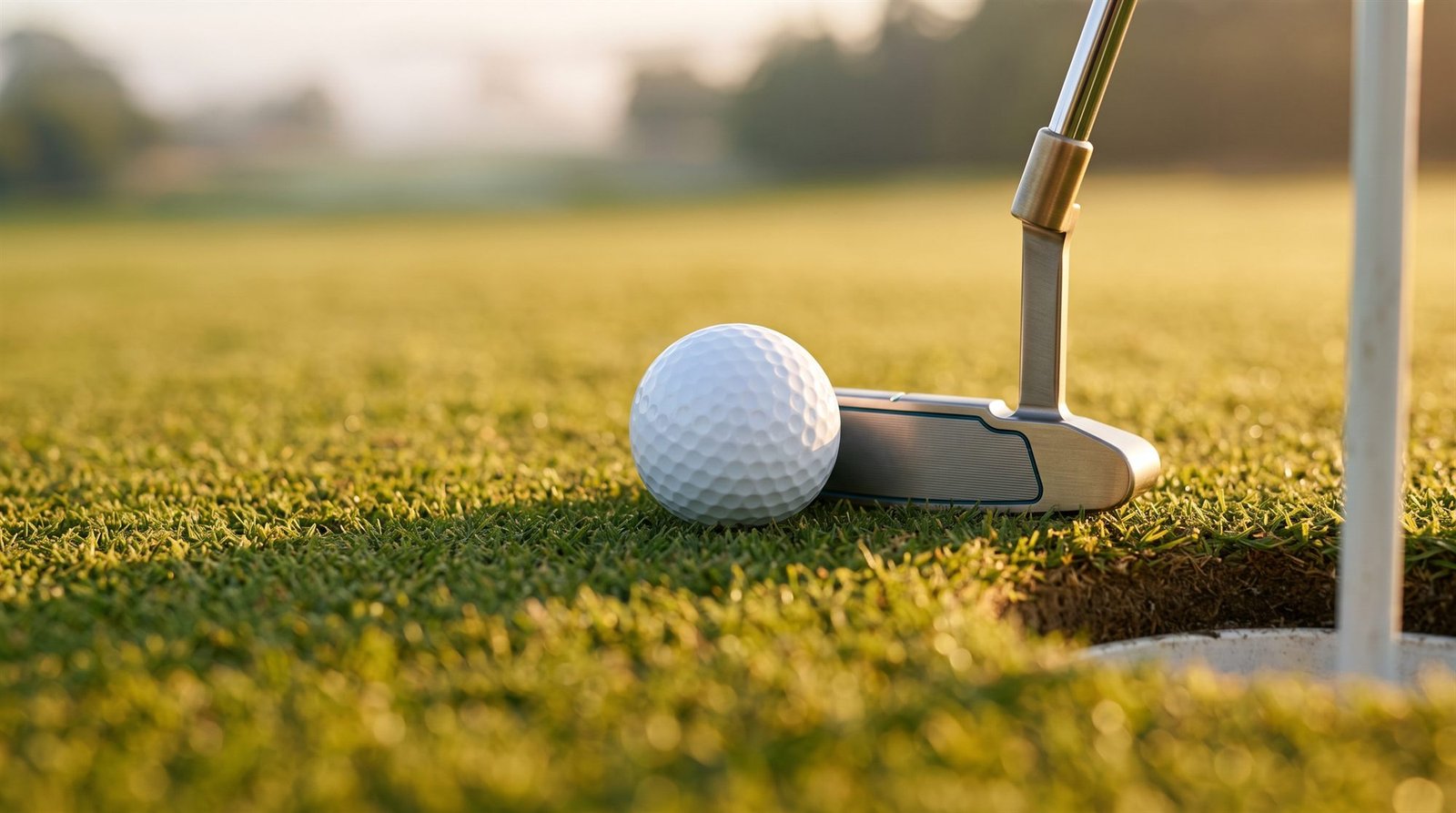 Une balle de golf et un putter sur le green, à quelques centimètres du trou, dans la lumière dorée
