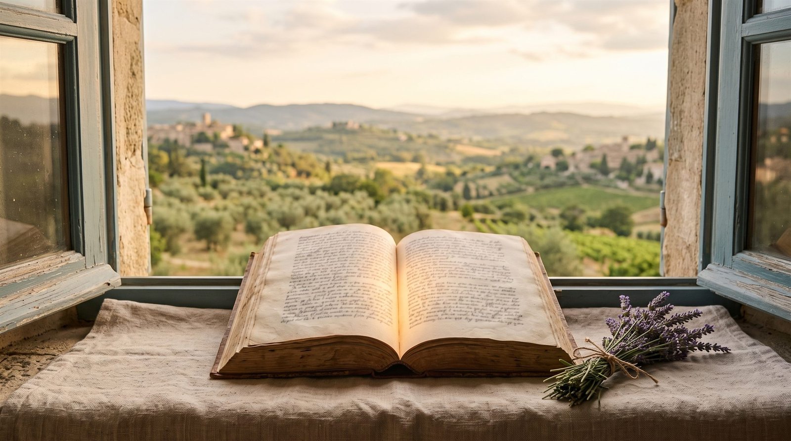 Un livre ancien ouvert sur le rebord d'une fenêtre, avec un bouquet de lavande et la campagne provençale en arrière-plan