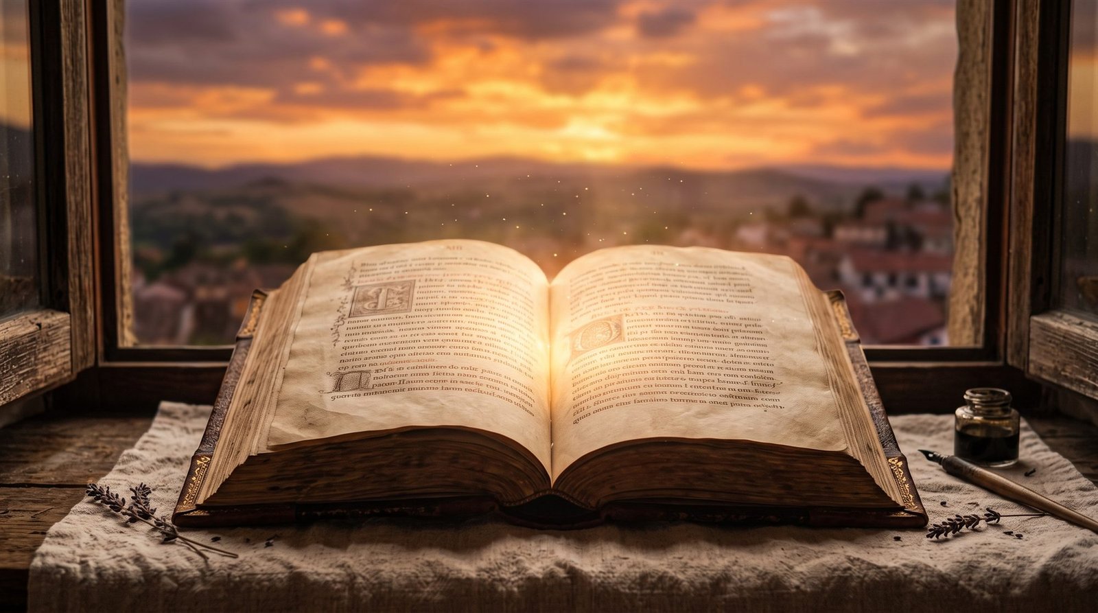 Un livre ancien ouvert et lumineux devant une fenêtre, au coucher du soleil