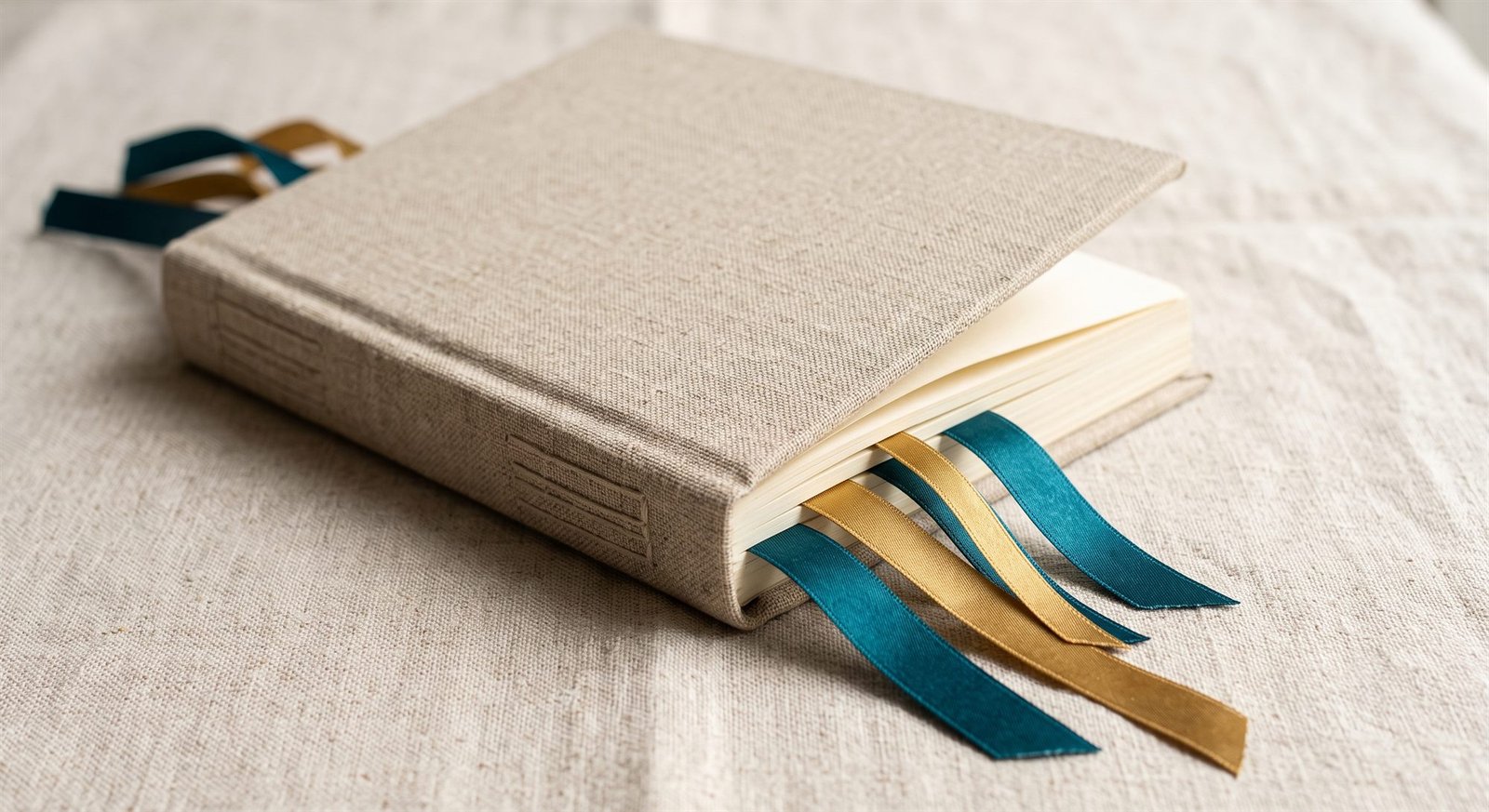 Un livre relié en lin, avec des marque-pages en ruban turquoise et doré glissés entre ses pages
